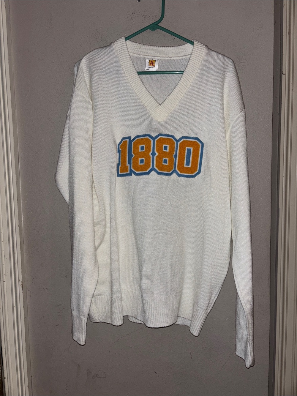 White V-Neck Sweater with 1880 Applique